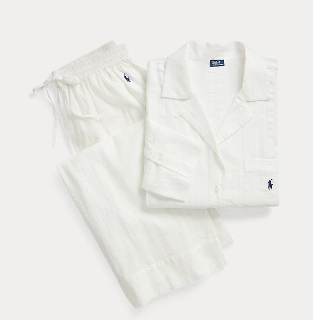 Polo Ralph Lauren Cotton Striped Poplin Shirt & Pant PJ Set White Cloud XS